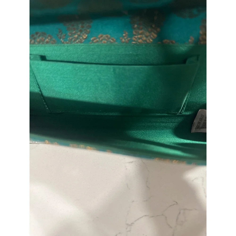 Teal Green Gold Paisley Brocade Clutch Evening Bag Rhinestone Flower Crystal